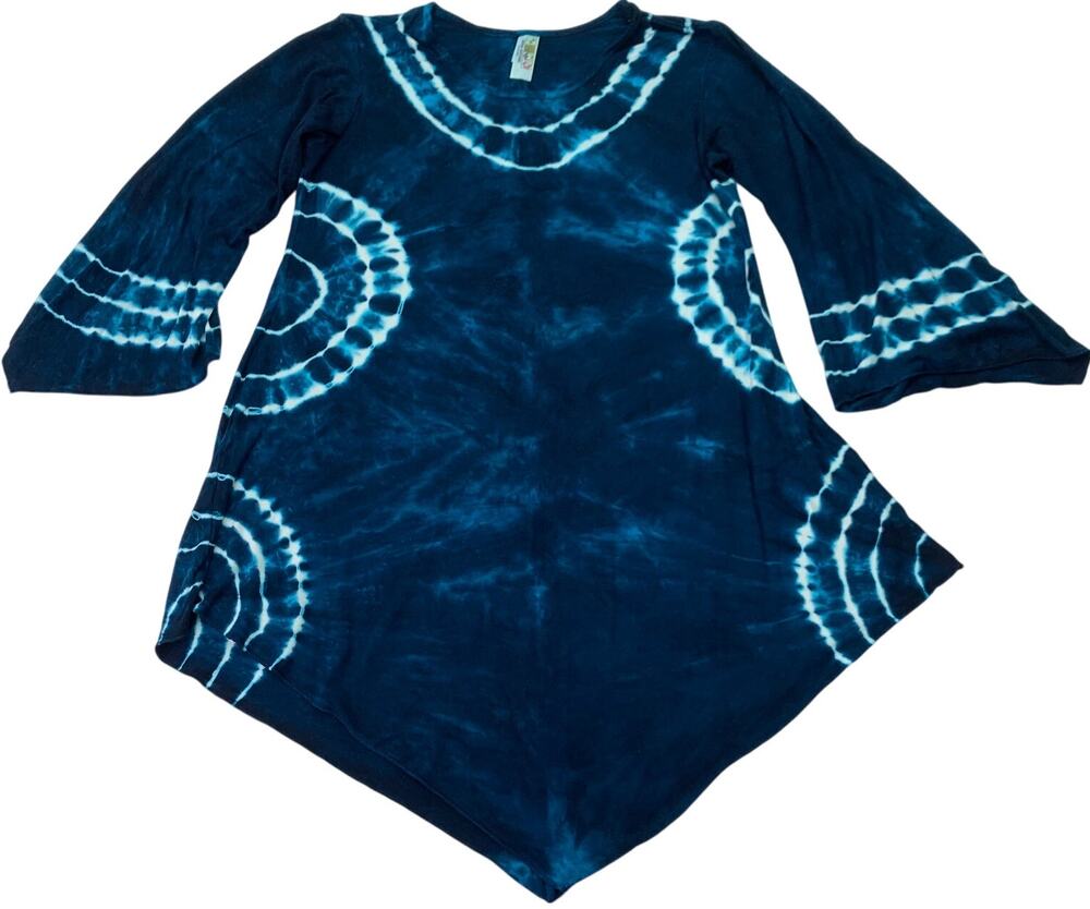 India Boutique Free One Size Turquoise Teal White Circle Tie Dye Blouse Boho
